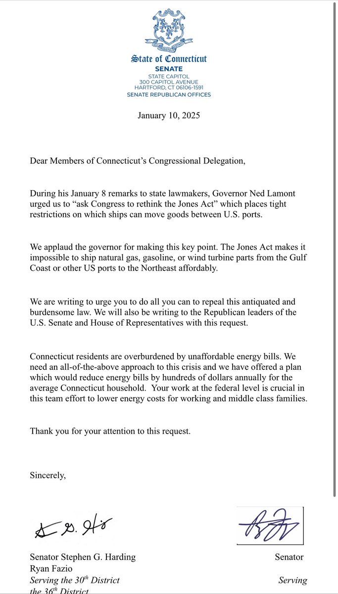 Mike Cerulli (@mikecerullict) on Twitter photo Senators <a href="/ryanfazio/">Ryan Fazio</a> and <a href="/SenHarding30/">Stephen Harding, Jr.</a> calling for an outright repeal of the Jones Act in a letter to Connecticut’s congressional delegation: Senators <a href="/ryanfazio/">Ryan Fazio</a> and <a href="/SenHarding30/">Stephen Harding, Jr.</a> calling for an outright repeal of the Jones Act in a letter to Connecticut’s congressional delegation: