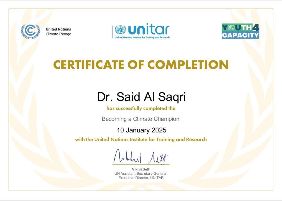 saidsaqri's tweet photo. Also glad to announce the successful completion of the "Becoming a Climate Champion" course by #UNITAR, #UNCCLearn, and #UNFCCC! This journey has equipped me with valuable knowledge and skills to drive meaningful climate action and inspire change. 
#UNCCLearnAlumni https://t.co/o1xHBk6i4h
