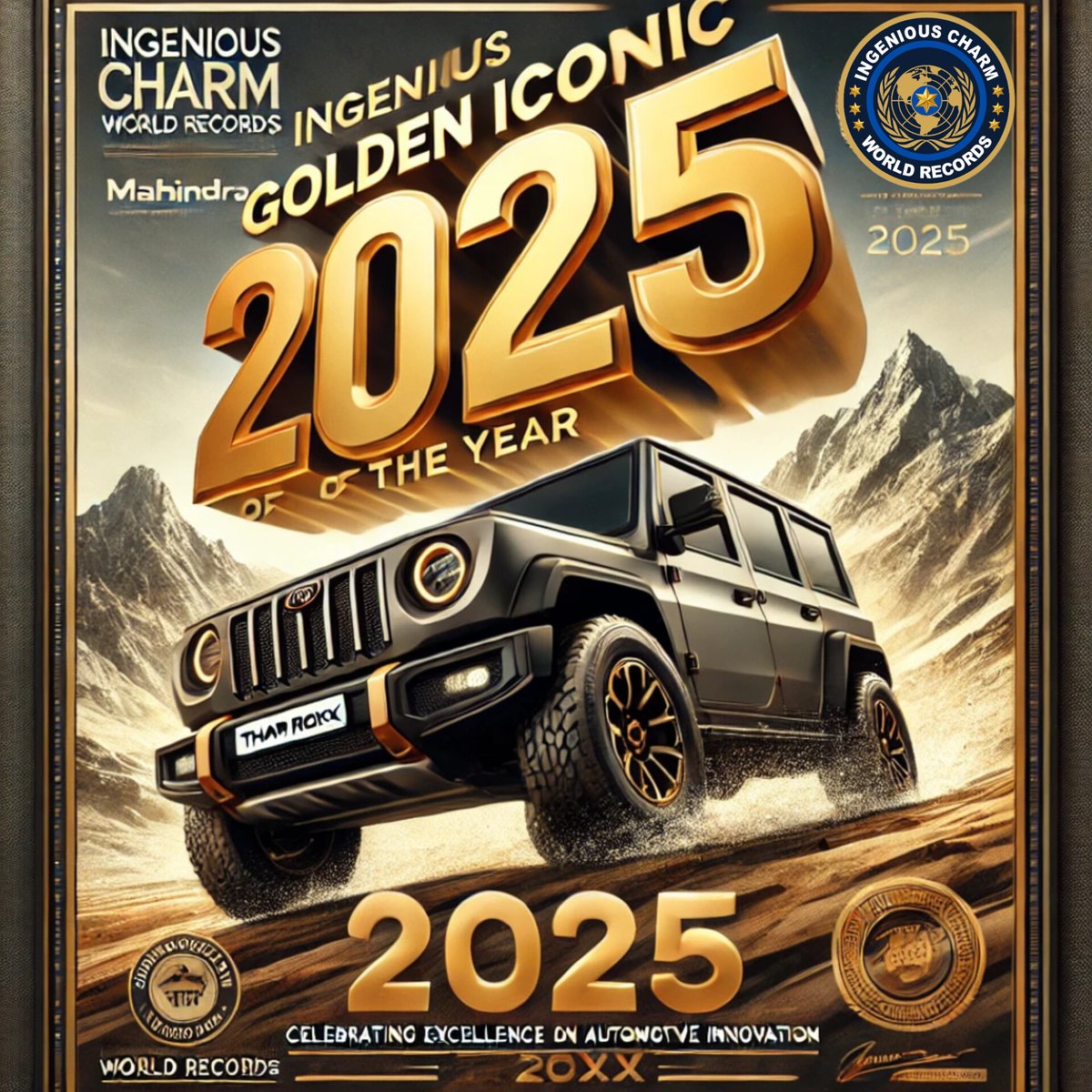 IngeniousCWR's tweet photo. 🏆 Breaking Boundaries!

The Mahindra Thar Roxx is officially the Ingenious Charm Golden Iconic SUV of the Year 2025! 🚙💨 Celebrating unmatched power, rugged design, and off-road excellence.

Recognized by Ingenious Charm World Records! 🌟

#MahindraTharRoxx #ICWR2025 #SUVOfTheYear #OffRoadLegend
#icwrgoldeniconicAwards2025