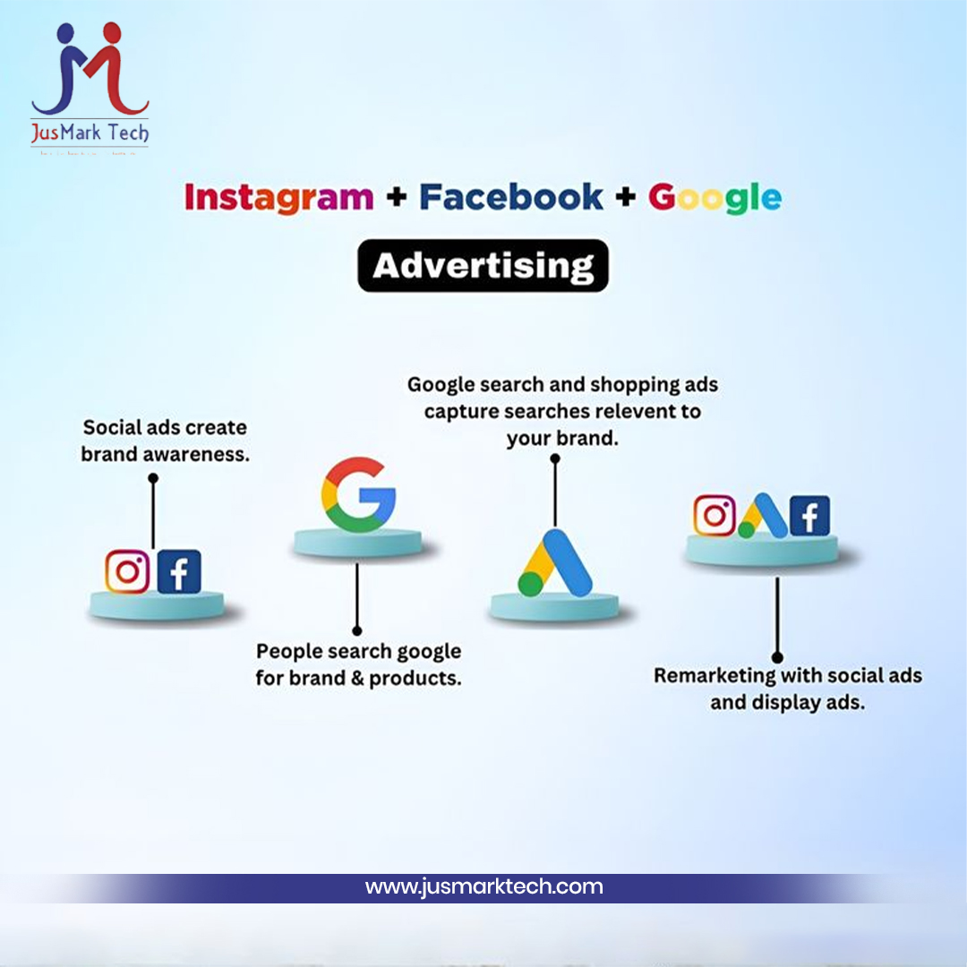jusmarktech's tweet image. Boost Your Brand With Smart Advertising! 
Instagram, Facebook, and Google are the ultimate trio to take your business to the next level. 
✅ Use Instagram and Facebook ads to grab attention and create awareness for your brand. 
Visit us - jusmarktech.com
#DigitalMarketing