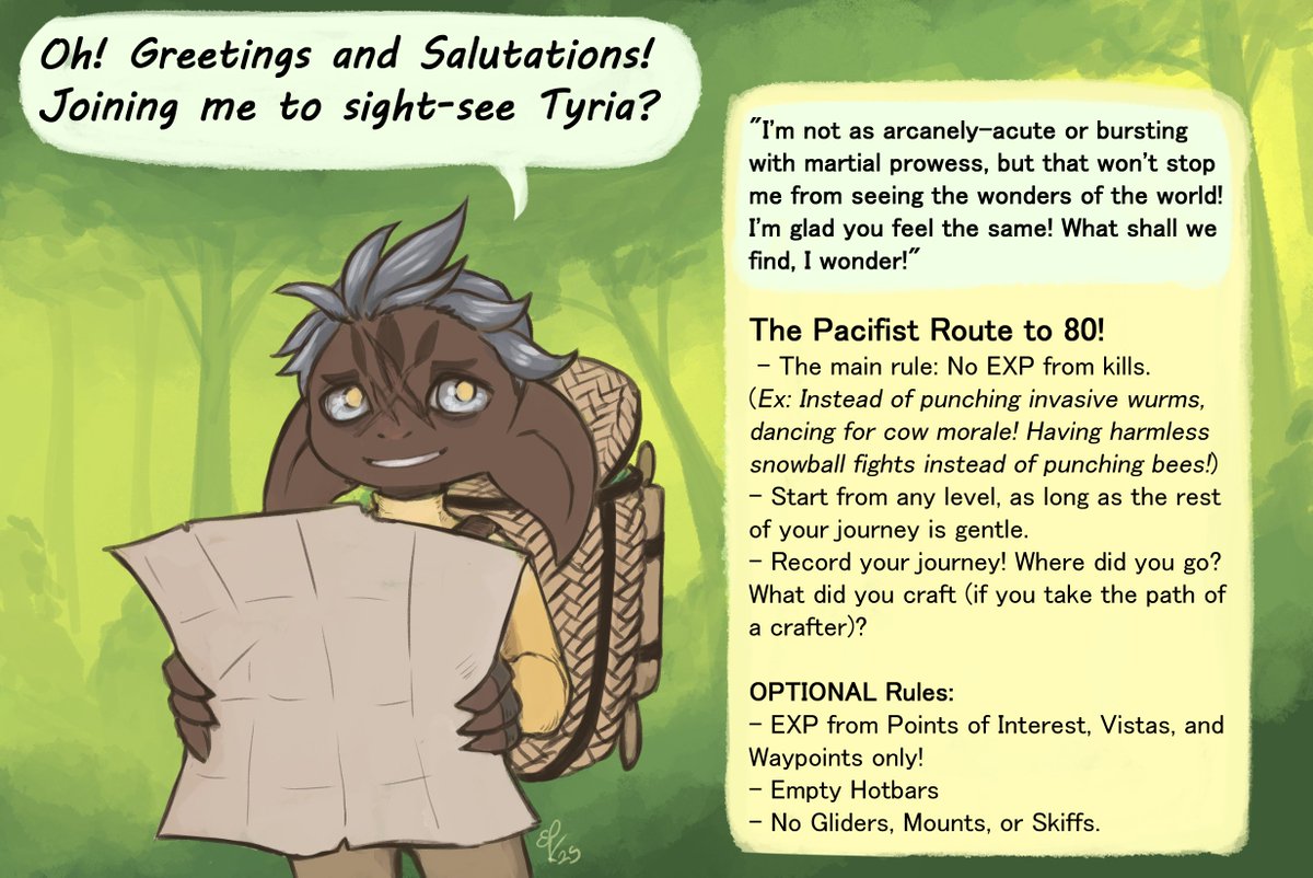 Join me in a #GuildWars2 Pacifist challenge!

I want to see what kind of experiences can be gained exploring the world of Tyria without doing it any harm, and if we can get to 80 on that alone!

Rules in the image and listed below! Good luck in your journey, friends!