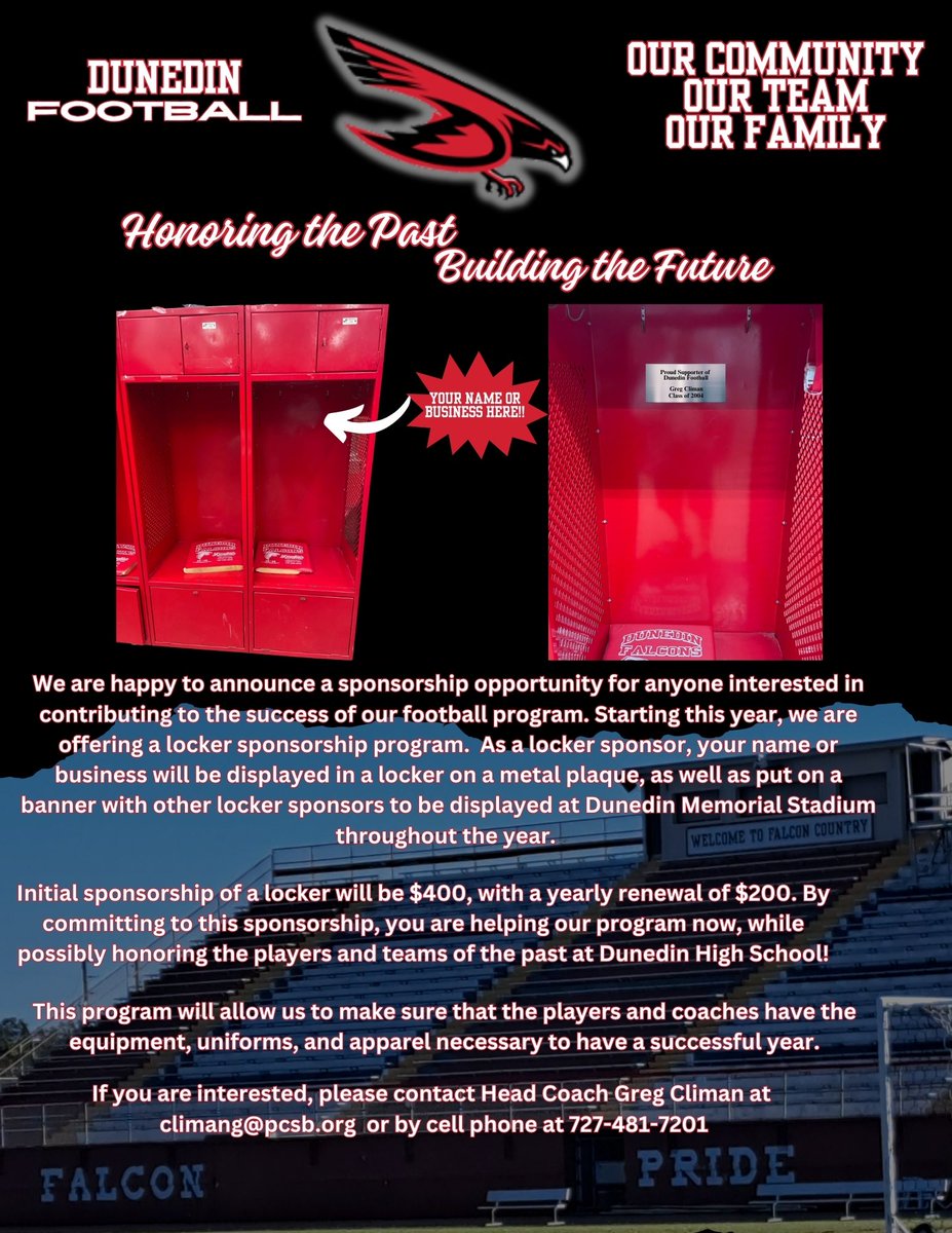 We are starting a new program to honor the past and build the program for the future!

By sponsoring a locker, you will help us with providing all of the things needed to grow as a program! 

This is not limited to former students, players, or coaches. 

#FalconPride