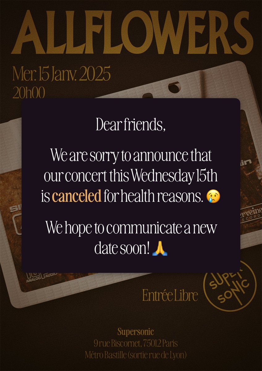 Dear friends, we are sorry to announce that our concert this Wednesday 15th is canceled for health reasons. 🤒
We hope to communicate a new date soon! 🙏