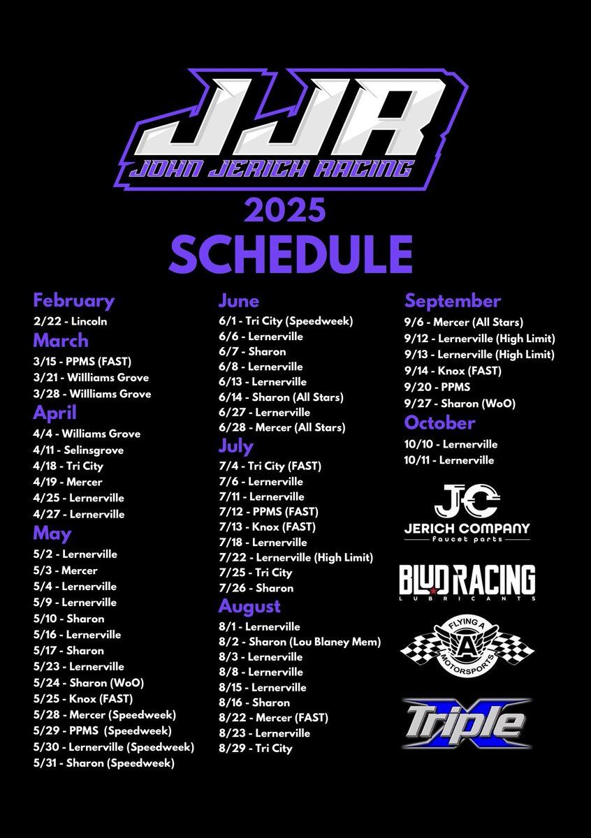 2025 Racing Schedule

57 nights across 10 tracks.
Cant wait for the sophomore 410 season to begin!