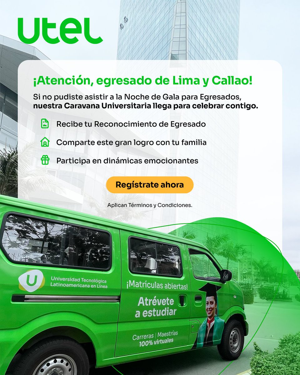 🇵🇪 Egresado de Lima y Callao en Perú 🇵🇪 ¡Tu esfuerzo merece una gran celebración!  La Caravana Universitaria llega para honrar tu dedicación y el camino recorrido. 🚐✨ 
¡Regístrate y participa! 👉 ss.utel.edu.mx/KKIhzGkZ

*Aplican Términos y Condiciones

#MiCaravanaUniversitaria