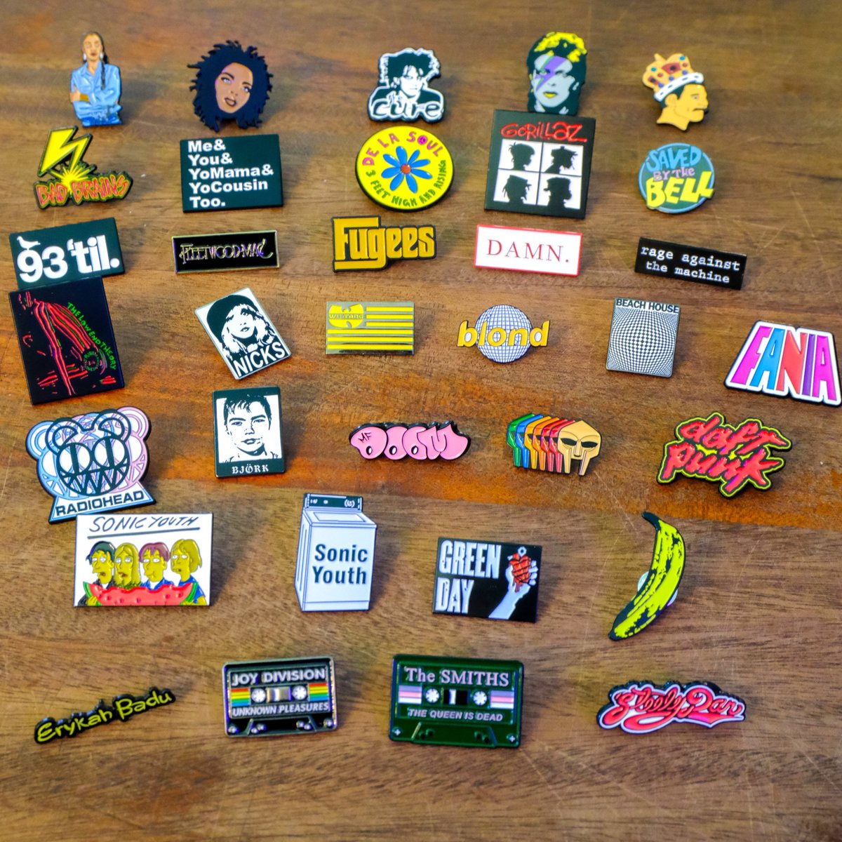 We just stocked a bunch of cool new music pins, from Bad Brains to Frank Ocean to Björk and beyond! 🎤✨ Stop by from 12-9 today or scoop them on our website to add a little flair to your collection