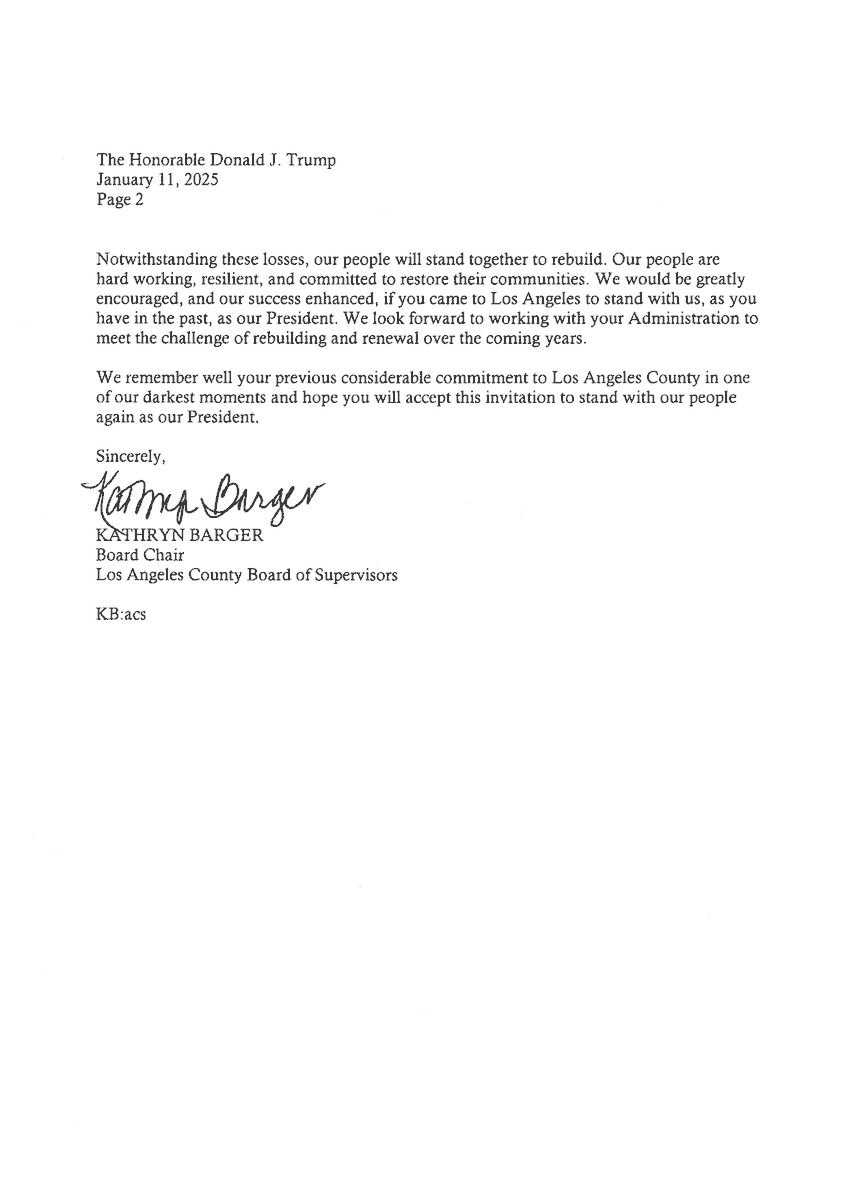 I've sent a letter to President-Elect <a href="/realDonaldTrump/">Donald J. Trump</a>  inviting him to engage in wildfire recovery efforts and to visit the County to see the impact firsthand. The White House’s engagement allows for the rapid deployment of federal resources, including emergency personnel and