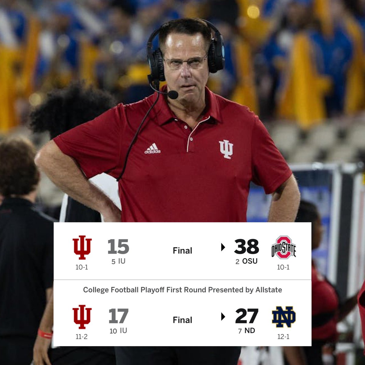 Curt Cignetti and the Indiana Hoosiers lost two games this season.

On the road at Ohio State.
On the road at Notre Dame.

Those two teams will play for the national title on January 20th.

Cig and Indiana are building 📈