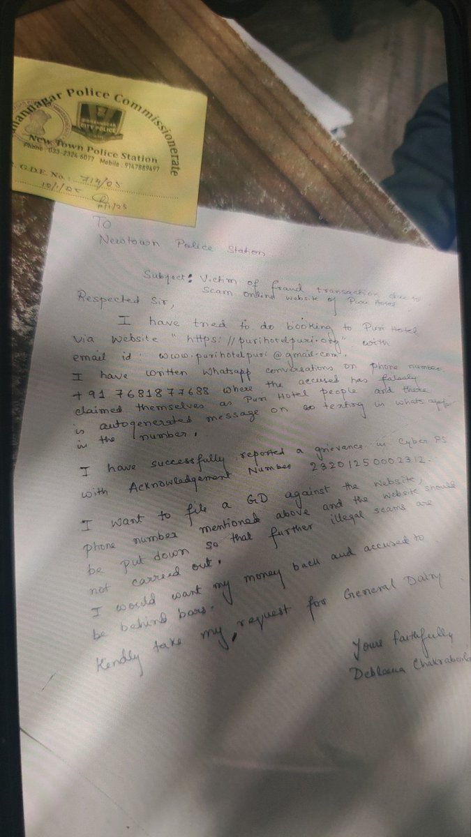 debleenac's tweet photo. @SPPuri1
Kindly help me to get my RS 18400 back which has been fraud by website "www.purihotelpuri@gmail.com" by claiming itself Puri Hotel. This has been net banking transfer and complaint raised. Kindly help in finding culprits. @PuriPolice @KolkataPolice @MumbaiPolice https://t.co/3SPiELprW8
