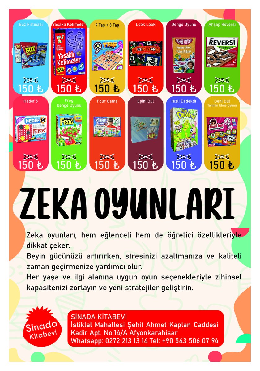 SinadaKitabevi's tweet photo. Akıl zeka oyunlarını Afyonkarahisar'da en uygun  fiyatlarla satan kitabevi... #sinadakitabevi #afyonkarahisar #akılzeka #zekaoyunu https://t.co/ugZsOrxEX5