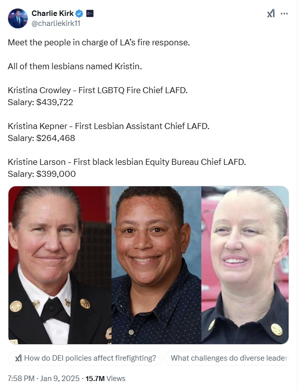 洛杉矶的山火既是天灾也是人祸。极左的民主党官员只考虑DEI和LGBTQ的政治正确，却不顾火灾的风险和救灾的需要，一味地删减火灾预算，造成救灾物资和救火人员的严重短缺，甚至连消防水龙头和消防水库都没有水，更不用说例行的防火措施。加州的民众们该醒醒了，罢免这些无能极左的政府官员！