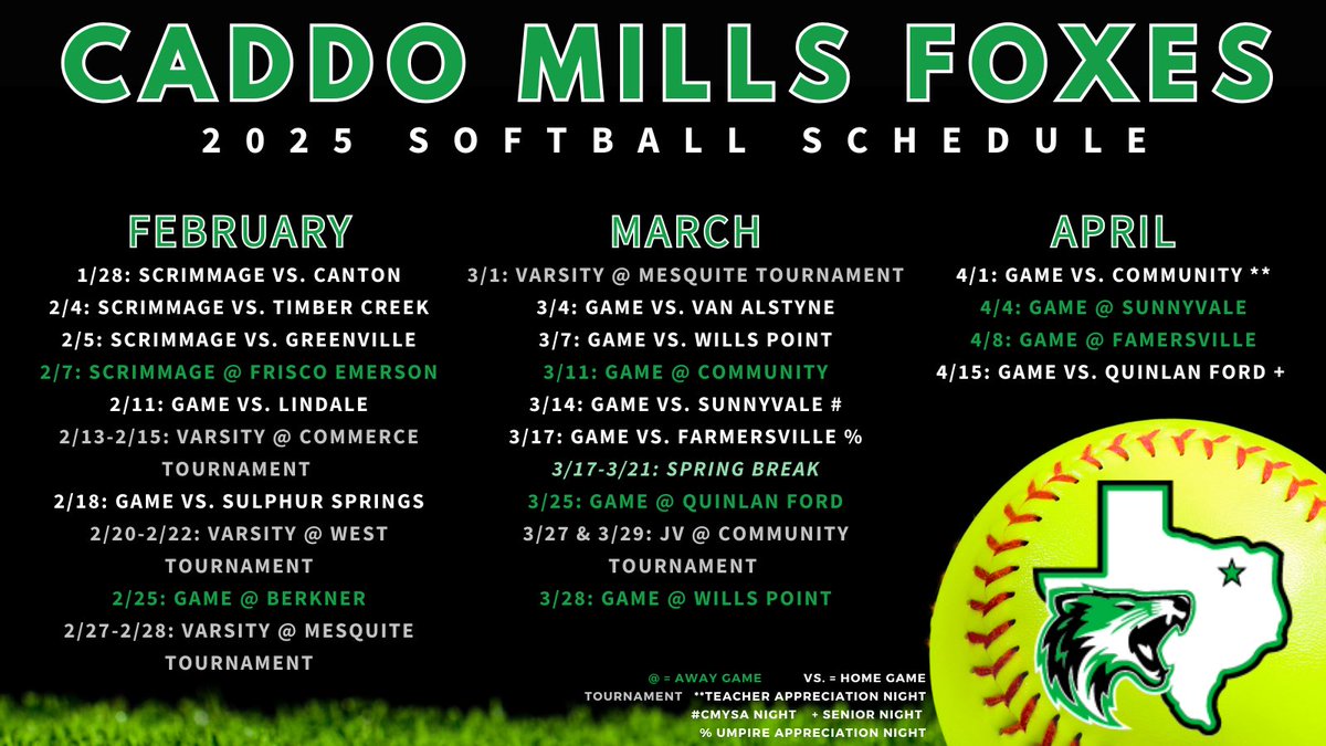 Lady Foxes Softball (@softball_cmhs) on Twitter photo Mark your calendars to come out & support the Lady Foxes this season!!
<a href="/KodiCrane/">Kodi Crane</a> <a href="/luke__allison/">Luke Allison</a> <a href="/CMLadyFoxes/">CMLadyFoxesAthletics</a> <a href="/CaddoMillsHS/">Caddo Mills HS</a> <a href="/KirklandKandace/">Kandace Kirkland</a> <a href="/beksdillon/">Bekah Dillon</a> Mark your calendars to come out & support the Lady Foxes this season!!
<a href="/KodiCrane/">Kodi Crane</a> <a href="/luke__allison/">Luke Allison</a> <a href="/CMLadyFoxes/">CMLadyFoxesAthletics</a> <a href="/CaddoMillsHS/">Caddo Mills HS</a> <a href="/KirklandKandace/">Kandace Kirkland</a> <a href="/beksdillon/">Bekah Dillon</a>