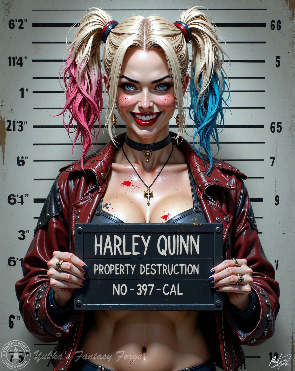 YukkasForge's tweet photo. 😈 "Harley Quinn: Property Destruction" 🚧💥
Another day, another mugshot! Harley’s chaotic streak is just as iconic as her style.
What’s her next headline-worthy stunt? 👀
#HarleyQuinn #MugshotSeries #ChaosQueen #AiArt https://t.co/dZBciTFQFN