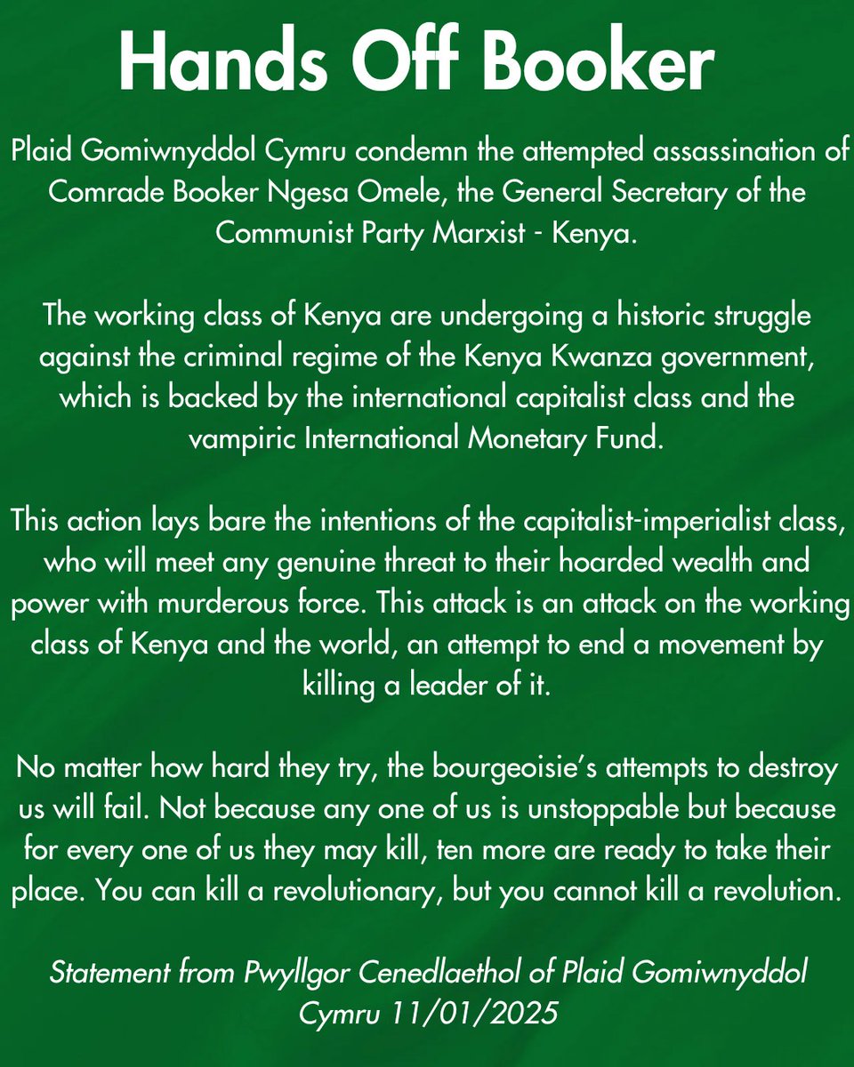 Plaid Gomiwnyddol Cymru (@pgcymru) on Twitter photo Statement from the Pwyllgor Cenedlaethol of Plaid Gomiwnyddol Cymru on the assassination attempt on <a href="/BookerBiro/">Booker Ngesa Omole ☭</a> Statement from the Pwyllgor Cenedlaethol of Plaid Gomiwnyddol Cymru on the assassination attempt on <a href="/BookerBiro/">Booker Ngesa Omole ☭</a>