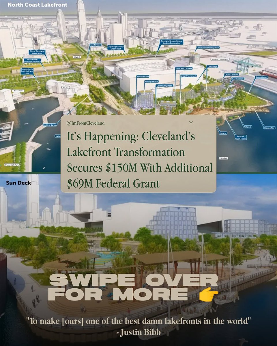 It’s happening!

Cleveland’s lakefront transformation just got a major boost with an additional $69 million federal grant, bringing the total to $150 million in secured funding.

(THREAD)