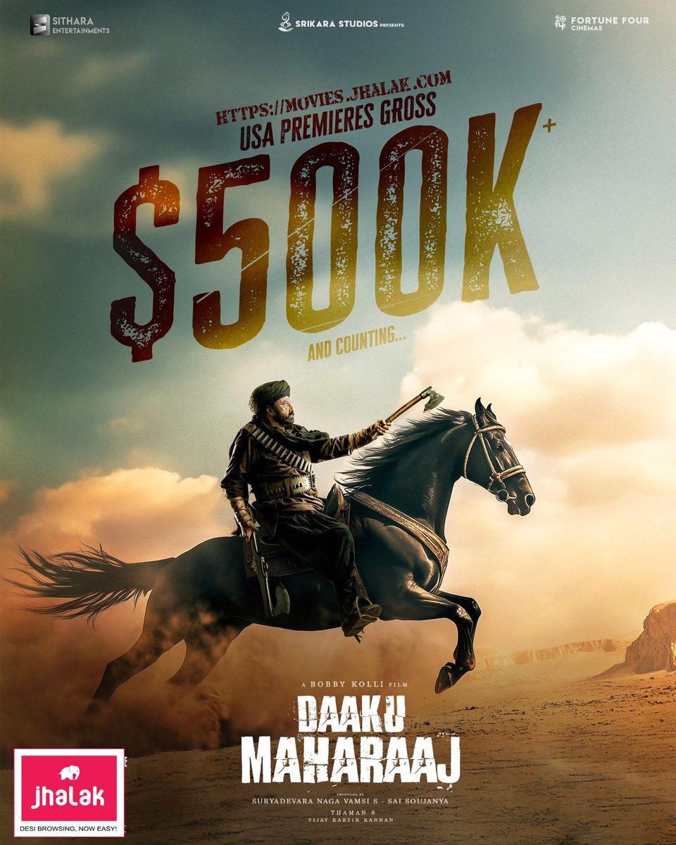 JhalakPortal's tweet photo. #DaakuMaharaaj is creating WAVES in the USA with PREMIERES grossing an EARTH SHATTERING $500K+ Gross already! 💥💥💥

#NandamuriBalakrishna

💥Book your tickets in USA ▶️!
🔗 https://t.co/Ju5qEbe7Ia 💥🎬 https://t.co/c9hqpNWGKb