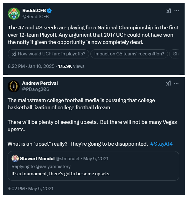 PDawg206's tweet photo. Entering the CFP #MetricsConsensus ranks

#1 ... 2024 Ohio State
#11 ... 2017 UCF

The #StayAt4 perspective knew there would be some really bad attempts to weaponize CFP results.

But the mainstream media has been OK (fully embraced #BracketLuck).

The worst is from @RedditCFB. https://t.co/dEbVcNHbNc