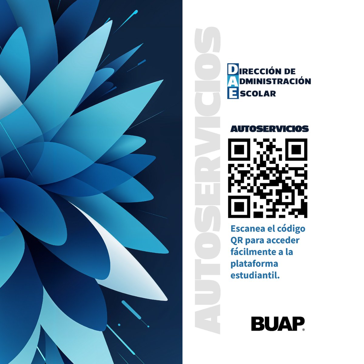 BUAPoficial's tweet photo. 🔵Conoce los servicios que ofrece la Dirección de Administración Escolar en Autoservicios. 

Escanea el código QR 👇 https://t.co/AA38w9u9fP