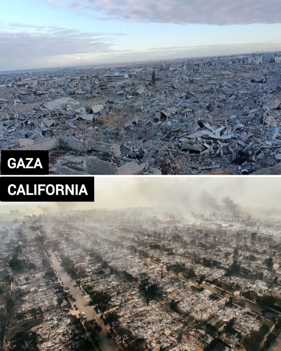 Iamwky's tweet photo. The picture above is of Gaza and the reason, these are American bombs!
 The photo below is from California, USA, and it is due to natural disasters!!! #America
#CaliforniaWildfires #LosAngelesFires
#CurrysNewYear https://t.co/VVtwFDXGko