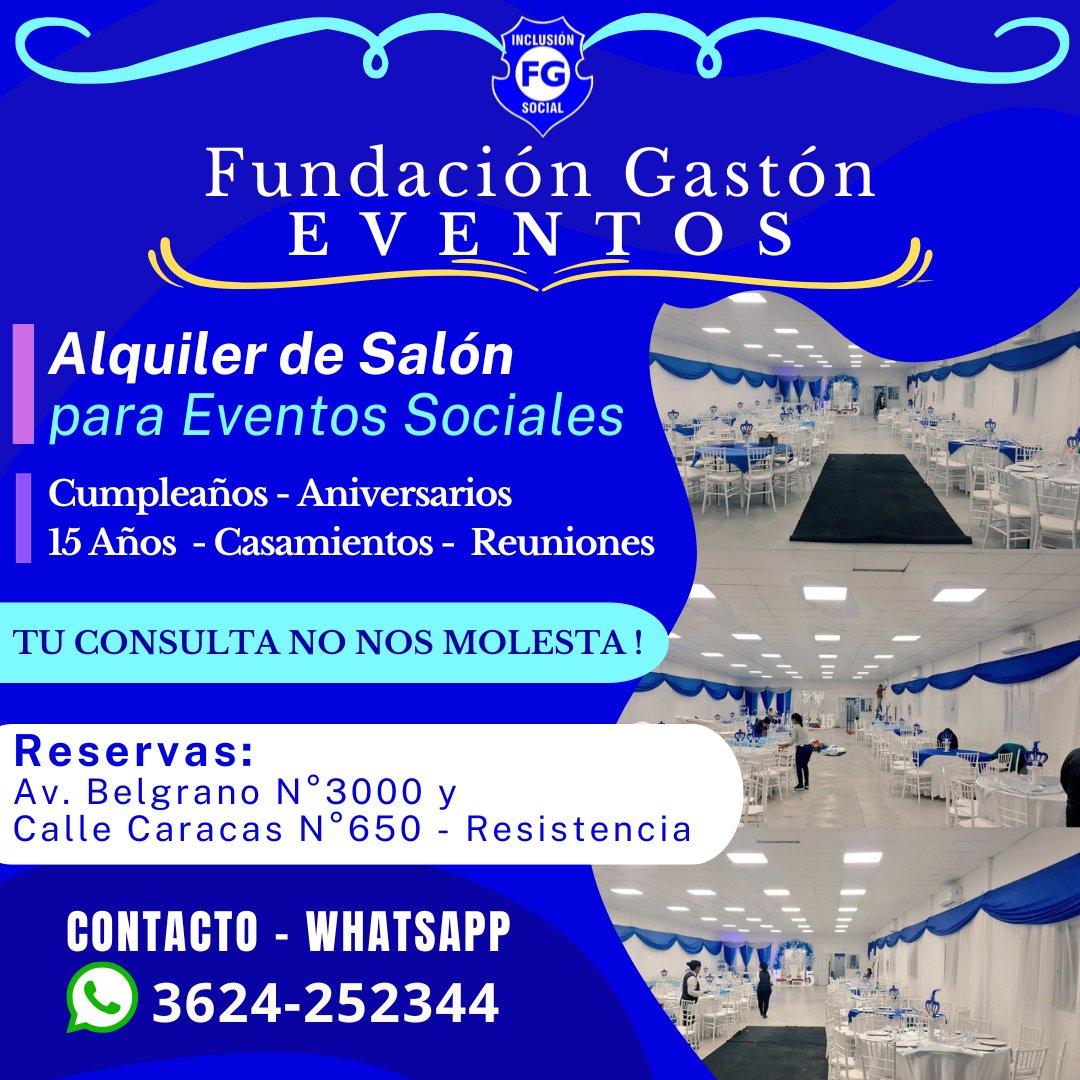 GastonFundacion's tweet photo. @GastonFundacion Eventos🕺🏽💃🏽

Se alquila salón para  eventos sociales

Servicios incluidos:

•Aires acondicionados

•Cocina, frezzer y heladera

•Parilla

•Canchas de fútbol iluminadas

•Playón Deportivo

•Estacionamientos de motos y autos.

📱Consultas al 3624-252344 https://t.co/JwruRHfakZ