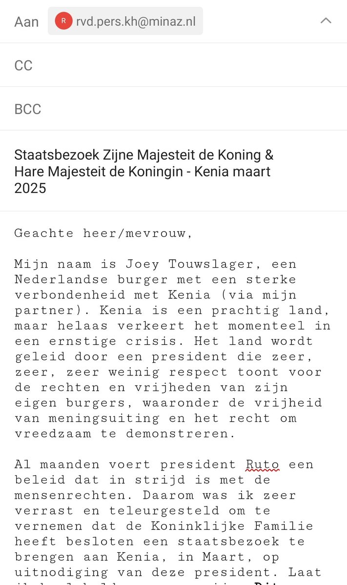 JoeyTouwslager's tweet image. @koninklijkhuis @DutchMFA @MinBZ 
Neem het juiste besluit en cancel het staatsbezoek aan #Kenya ! Gaan = signaal van goedkeuren van #Ruto zijn regime, ontvoeringen en onderdrukking van vrijheden. @amnestynl @hrw #Cancelthevisit #HumanRights #Blunder