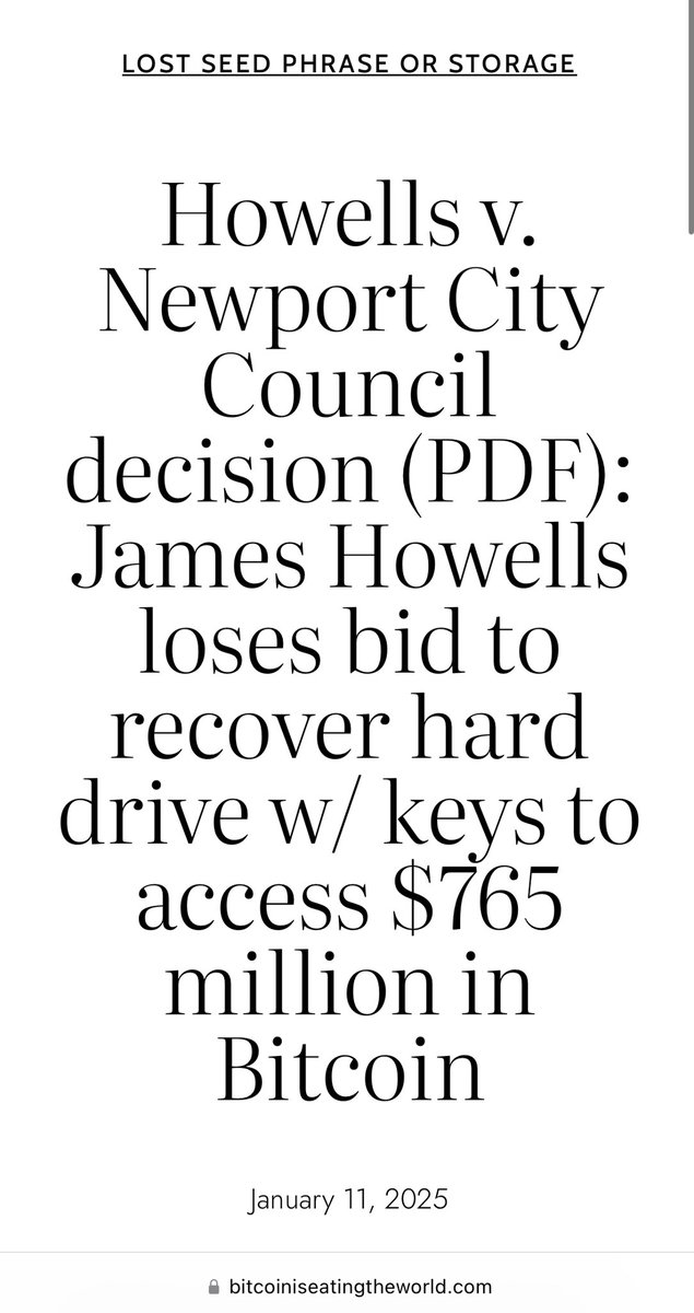 Court rejects James Howell’s lawsuit seeking to allow him to excavate landfill that allegedly has the hard drive he mistakenly threw away in 2013 with keys to access his 8,000 bitcoin, now worth $765 million. Tragic.

bitcoiniseatingtheworld.com/2025/01/11/how…