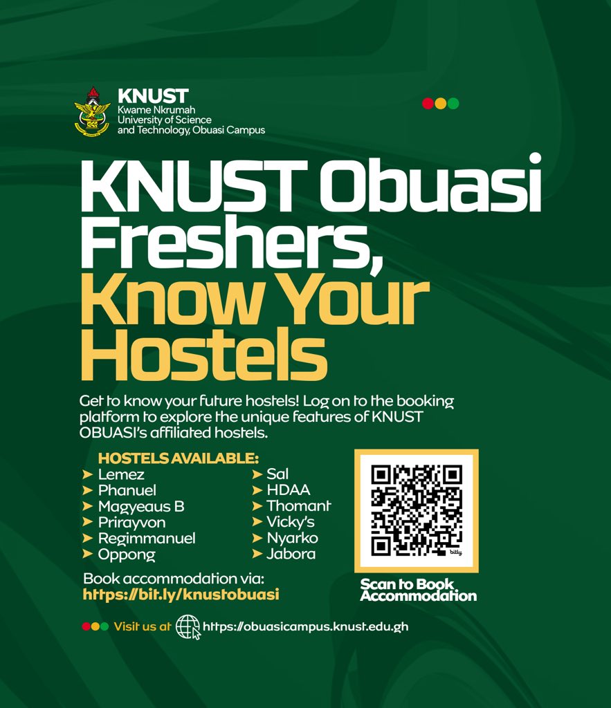 As you book your accommodation following your admission, know the KNUST Obuasi accredited hostels to book. 

With these hostels, you are assured of the utmost comfort and security. 

Visit bit.ly/knustobuasi to book an accommodation. 

#KNUSTObuasi #KNUST