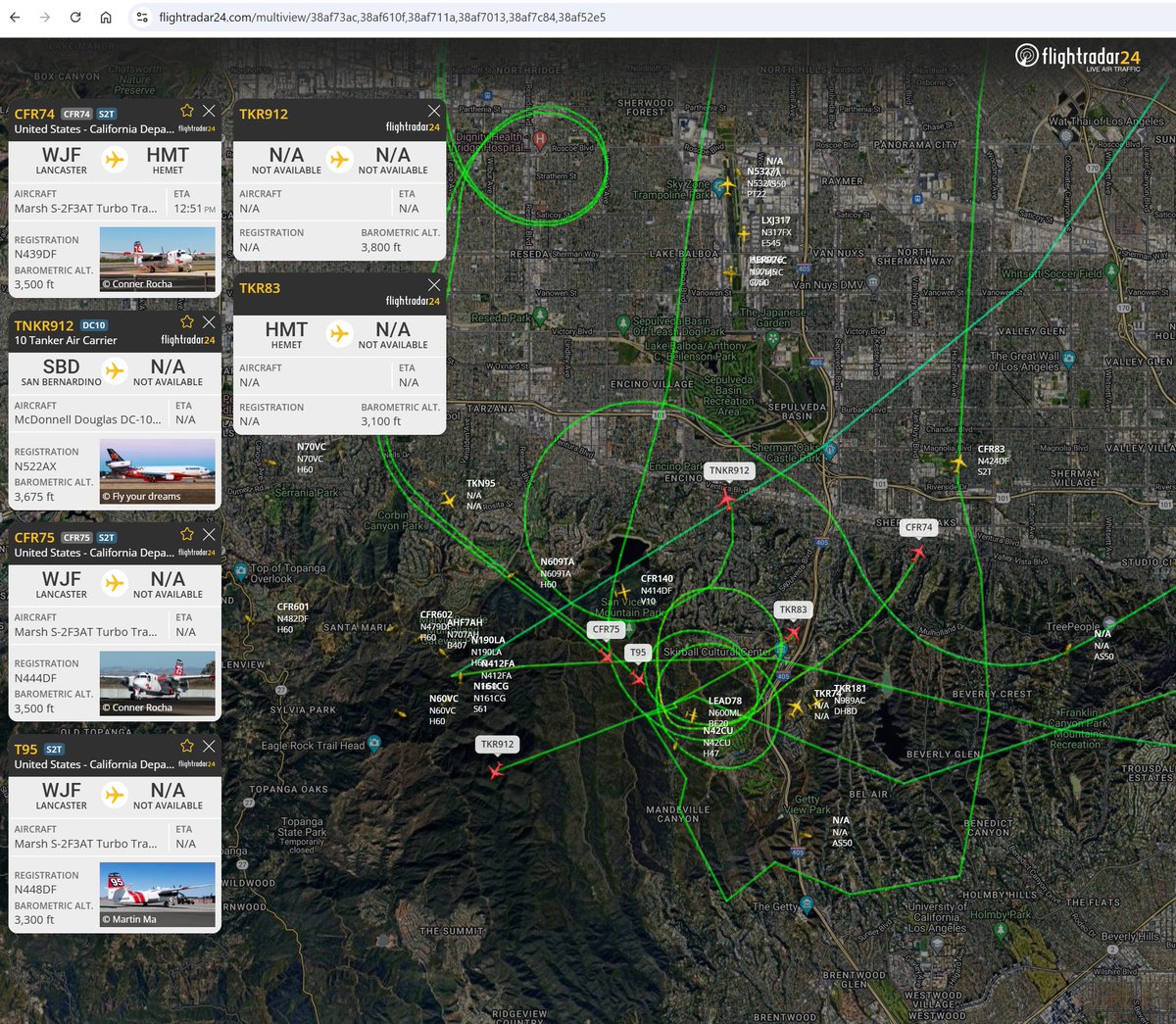 Hell of an airshow over #PalisadesFire. <a href="/flightradar24/">Flightradar24</a>  multi-select only allows 6 aircraft at a time, but there are at least 10+ fixed wing tankers in this screenshot... flightradar24.com/multiview/38af…