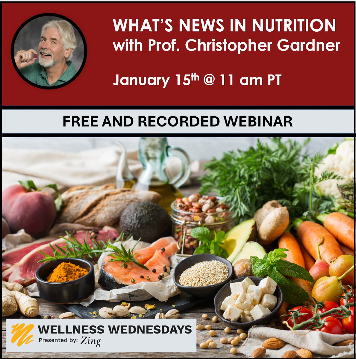 Christopher Gardner (@gardnerphd) on Twitter photo Healthy New Year Webinar
Excited to join Wellness Wednesday on Jan 15 at 11 AM PT. I’ll share insights on what to eat (and avoid) for better health, plus tackle nutrition misinformation and how diet info can get 'ultra-processed.' 
Register here: us02web.zoom.us/webinar/regist… Healthy New Year Webinar
Excited to join Wellness Wednesday on Jan 15 at 11 AM PT. I’ll share insights on what to eat (and avoid) for better health, plus tackle nutrition misinformation and how diet info can get 'ultra-processed.' 
Register here: us02web.zoom.us/webinar/regist…