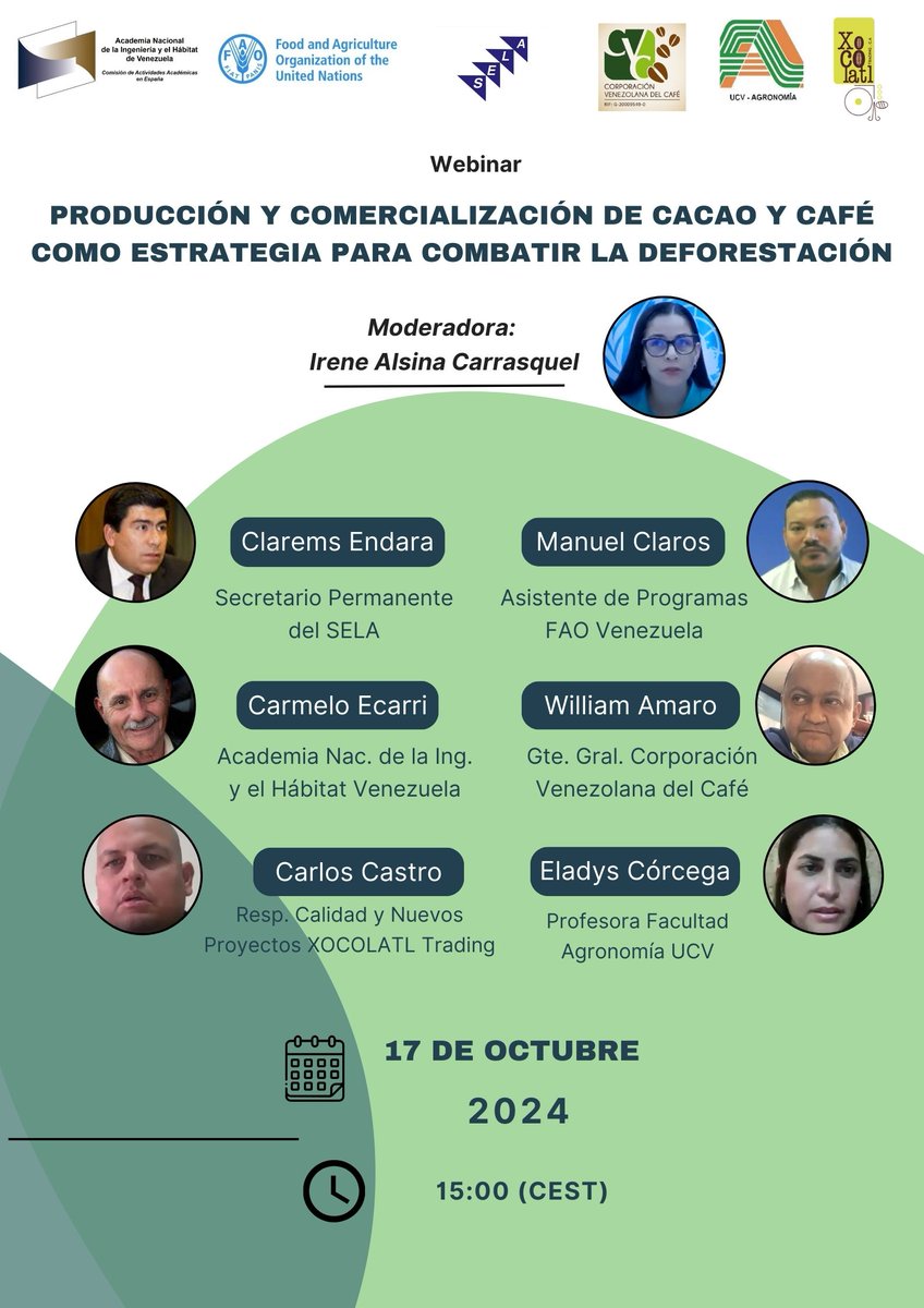 Webinar: Producción y comercialización de cacao y café como estrategia para combatir la deforestación. Enlace al video con la grabación del evento: youtu.be/rbS29M9s9sU <a href="/anihven/">Academia Nacional de Ingeniería y Hábitat - Vzla</a> <a href="/FAOAmericas/">FAO Américas</a> <a href="/FAOenEspanol/">FAO en español</a> <a href="/UCV_FAGRO/">UCV FAGRO</a> <a href="/MinecOficial/">MinecOficial</a> <a href="/SELAInforma/">SELA</a> <a href="/CorpoVenCafe/">Corporación Venezolana del Café (CVC)</a>