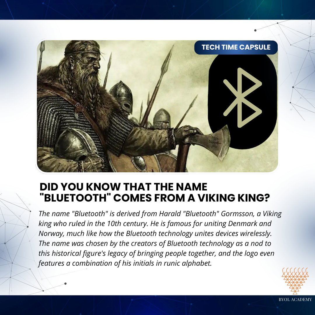 byolacademy's tweet photo. Ever wondered why it’s called Bluetooth? Named after Viking king Harald ‘Bluetooth’ who united Denmark & Norway—just like Bluetooth connects your gadgets! 🔗📡  

#TechTrivia #FunFact #Bluetooth #VikingHistory #Innovation #TechFacts #Wireless #Techie #HistoryInTech #DidYouKnow #technology #tech #vikingking