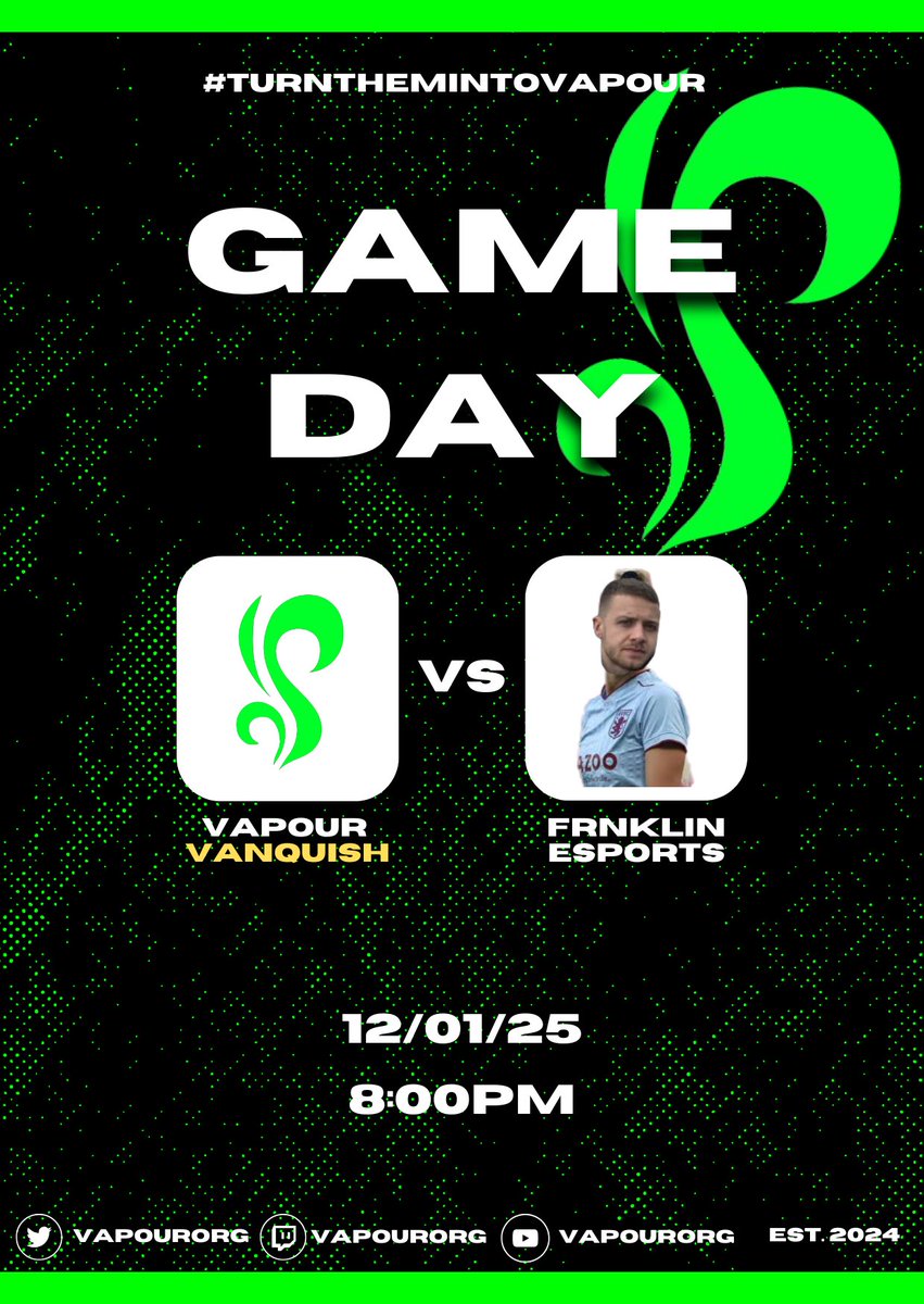 Vapour (@vapourorg) on Twitter photo ππ€ VAPOUR MATCHDAY π€π
Vapour Vanquish are back with a completely new look now under our very own <a href="/ozyned/">ozyned β¨οΈ</a>!
Can they show up for the big occasion against the undefeated Frnklin Esports in their first game as a 4?
Catch all this tomorrow at 8pm - twitch.tv/agentguava ππ€ VAPOUR MATCHDAY π€π
Vapour Vanquish are back with a completely new look now under our very own <a href="/ozyned/">ozyned β¨οΈ</a>!
Can they show up for the big occasion against the undefeated Frnklin Esports in their first game as a 4?
Catch all this tomorrow at 8pm - twitch.tv/agentguava