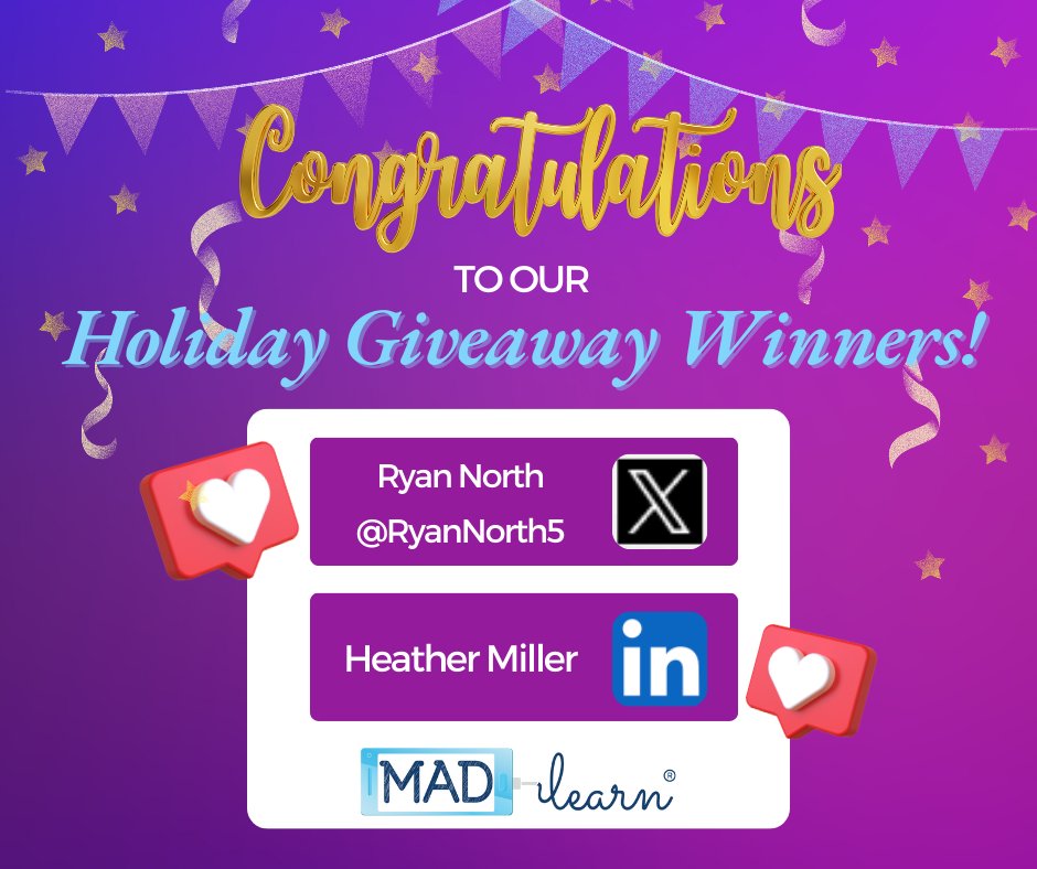 MADLearn's tweet photo. CONGRATULATIONS to @RyanNorth5 at @ElkGroveUnified and Heather Miller at @DeKalbSchools for being the LUCKY WINNERS of @MADLearn's Holiday Giveaway! We’re so thrilled to celebrate your win and can’t wait for you to enjoy your prizes!
#appsthatmatter #MADlearnThanks https://t.co/HFDLqUfeRg