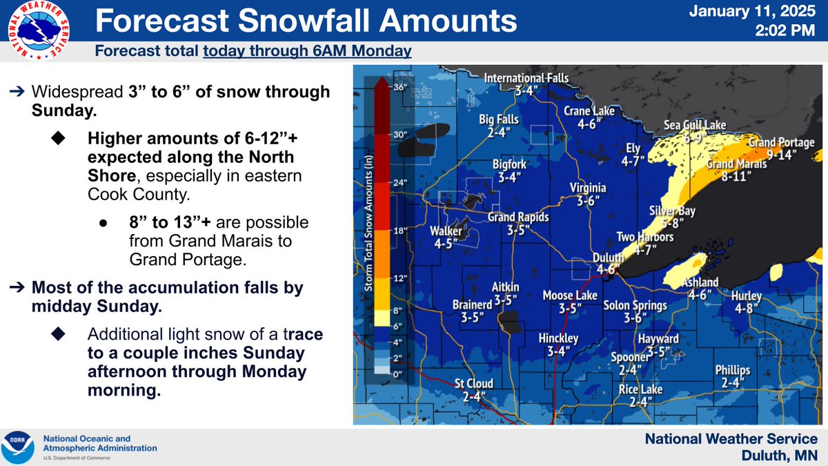 NWSduluth's tweet photo. Accumulating snow begins tonight and continue into Sunday. For most of the Northland, 3 to 6 inches of snow is expected, with higher values of 6 to 12+ inches possible along the North Shore north of Lutsen, with the highest amounts from Grand Marais to Grand Portage. https://t.co/cIyzCYfcNg