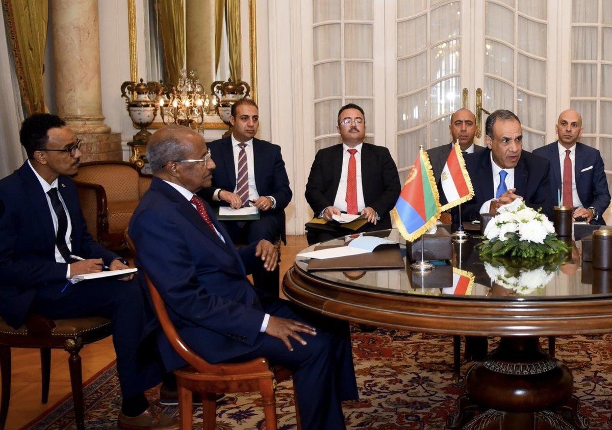 martinplaut's tweet image. Abraham Afwerki, son of President Isaias, now representing his country at the Anti-Ethiopia Bloc convened in Cairo to try to prevent PM Abiy's ambition of reaching the Red Sea. Abraham far left, behind Eritrea's Foreign Minister, Osman Saleh