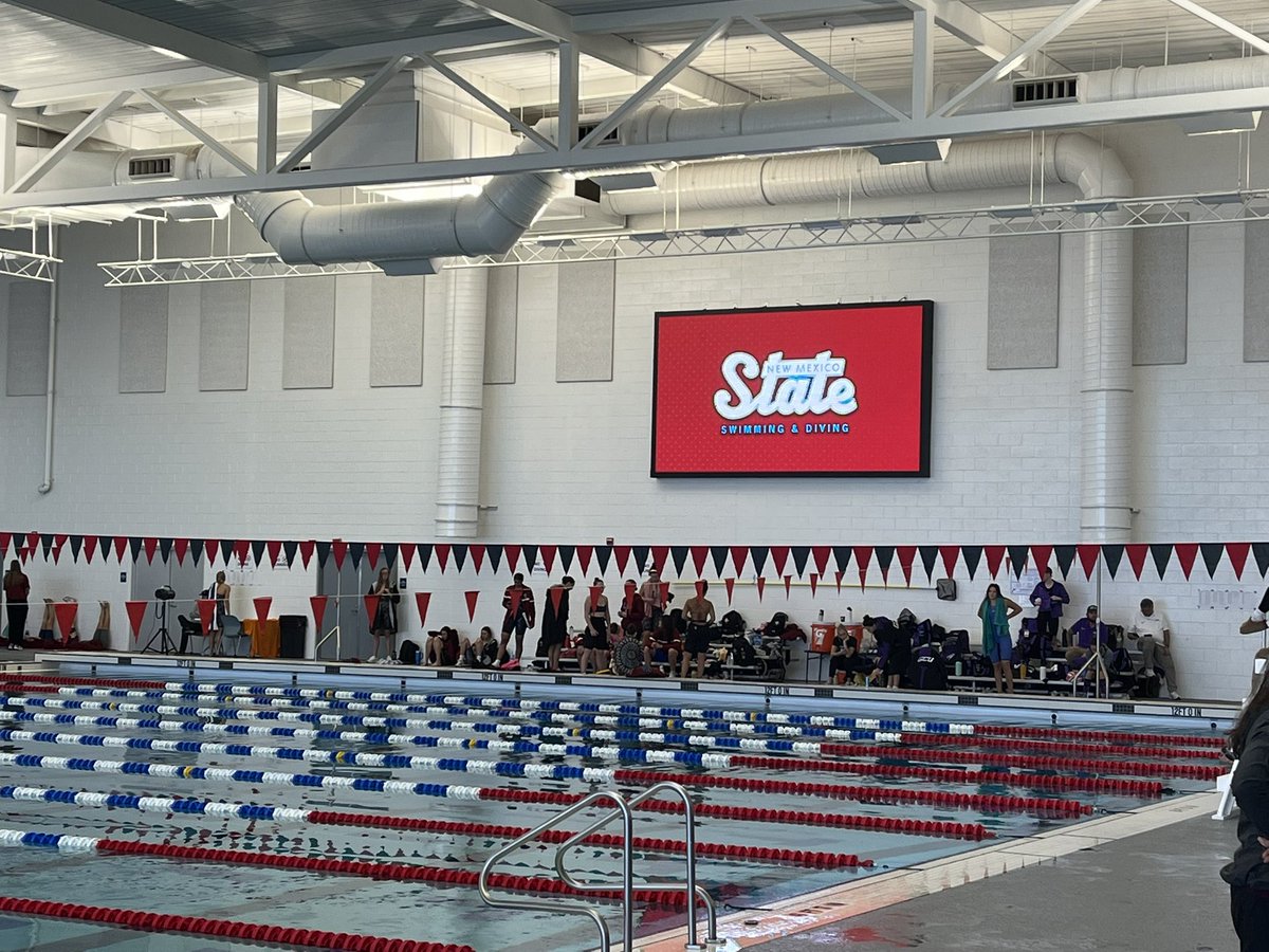 First event of the day is over. <a href="/NMStateSwimDive/">NM State Swim & Dive</a> beats GCU 173-127. Now over to the Pan AM to watch <a href="/NMStateWBB/">NM State WBB</a> in the first of two rivalry games today.