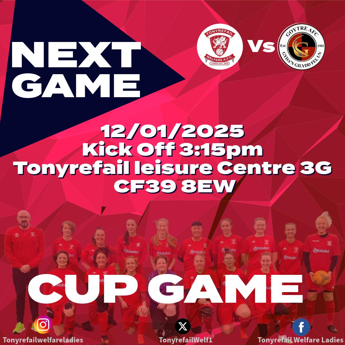 @TonyrefailWelfareLadies (@tonyrefailwelf1) on Twitter photo We're home tomorrow to <a href="/goytreutdladies/">GoytreUnitedLadies</a> in the <a href="/SouthWalesFA/">South Wales FA</a> ladies cup.
Kick off is at 3.15 on Tonyrefail 3g.
It should be a great game, good luck to both sides 💪⚽️
#uppawelfare
<a href="/FootyWelsh98012/">Adran & SWWGL 👀</a> <a href="/allfootball_af/">All Football Events</a> <a href="/AllWalesSport/">All Wales Sport</a> <a href="/itsourgametoo/">#ItsOurGameToo Girls Football</a> <a href="/SportRCT/">Chwaraeon RhCT | Sport RCT</a> We're home tomorrow to <a href="/goytreutdladies/">GoytreUnitedLadies</a> in the <a href="/SouthWalesFA/">South Wales FA</a> ladies cup.
Kick off is at 3.15 on Tonyrefail 3g.
It should be a great game, good luck to both sides 💪⚽️
#uppawelfare
<a href="/FootyWelsh98012/">Adran & SWWGL 👀</a> <a href="/allfootball_af/">All Football Events</a> <a href="/AllWalesSport/">All Wales Sport</a> <a href="/itsourgametoo/">#ItsOurGameToo Girls Football</a> <a href="/SportRCT/">Chwaraeon RhCT | Sport RCT</a>