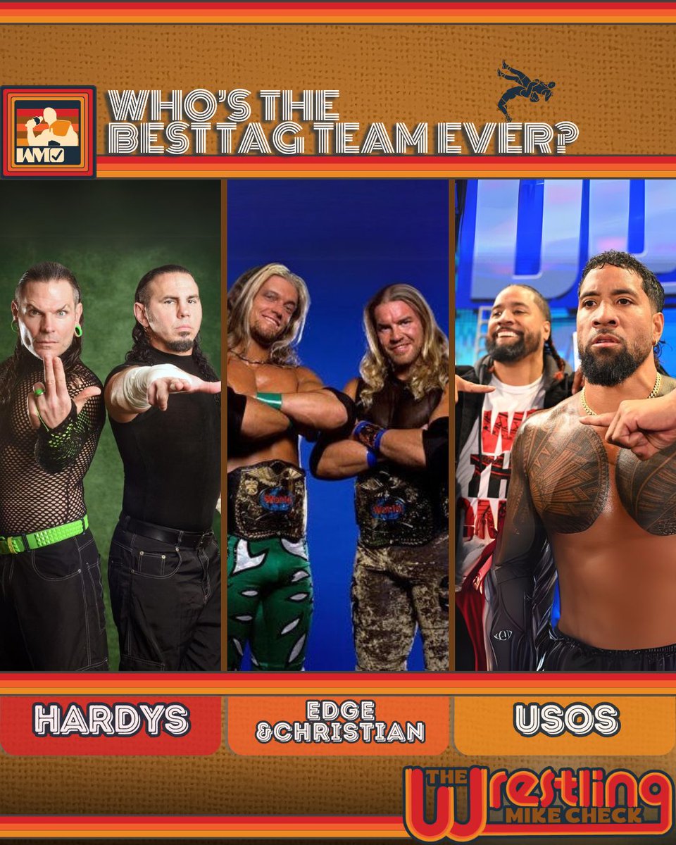 WrestlingMCheck's tweet photo. The Hardyz, Edge & Christian, or The Usos—which tag team reigns supreme? Iconic matches, legendary moments—but who’s the GOAT?
#Hardyz #EdgeAndChristian #TheUsos #wwe https://t.co/JQT63tKmqK