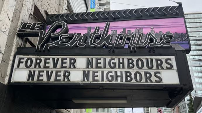 Silvernightmare's tweet photo. Apparently, a strip club's account was suspended for posting an image of this marquee. It was cited as being hate speech. It's hilarious that this site pretends to care about "free speech". https://t.co/bj8Af8n3BO