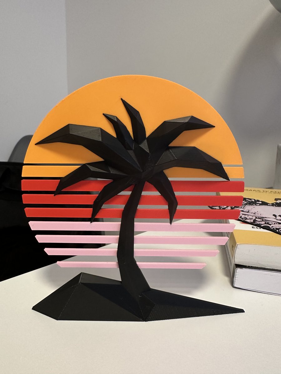LamerGabriel's tweet photo. Beautiful palm tree and sunset desk or wall decoration. I think the colors look good. Check it out: https://t.co/xc7nlxodLB

Printed with 
@BambulabGlobal
 A1 printer and filament:
- PLA Basic Black
- PLA Matte Mandarin Orange
- PLA Matte Scarlet Red
- PLA Matte Sakura Pink https://t.co/hAG8B3lKp7