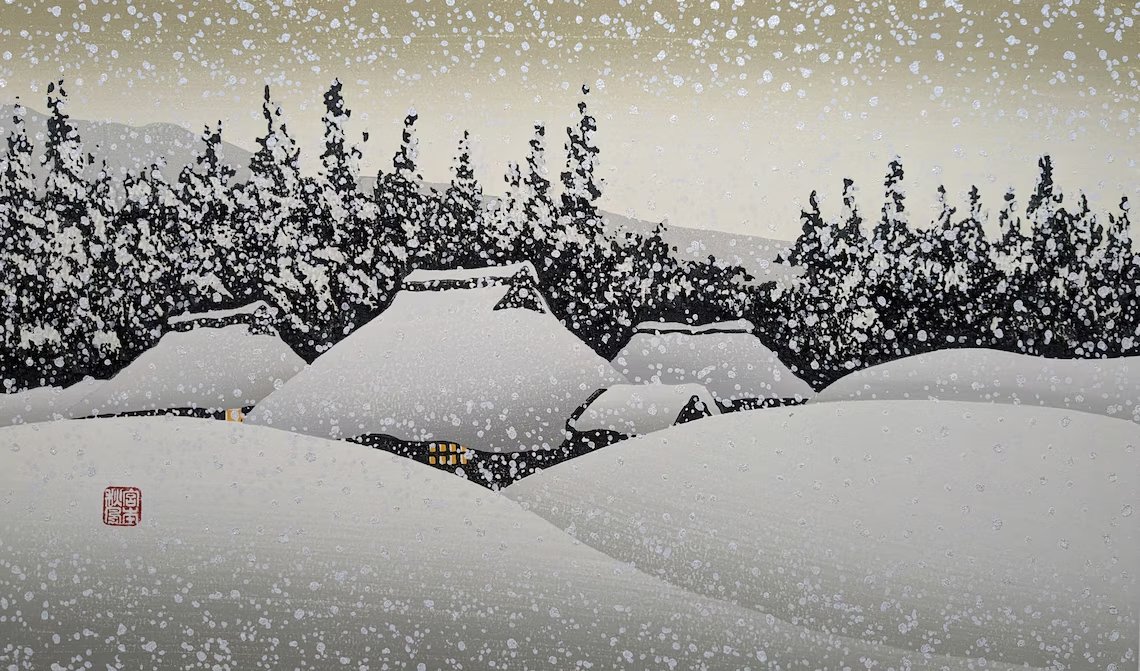 marysia_cc's tweet photo. Shufu Miyamoto (b. 1950).
 "Village in Snow" https://t.co/x9xUYU6FvZ