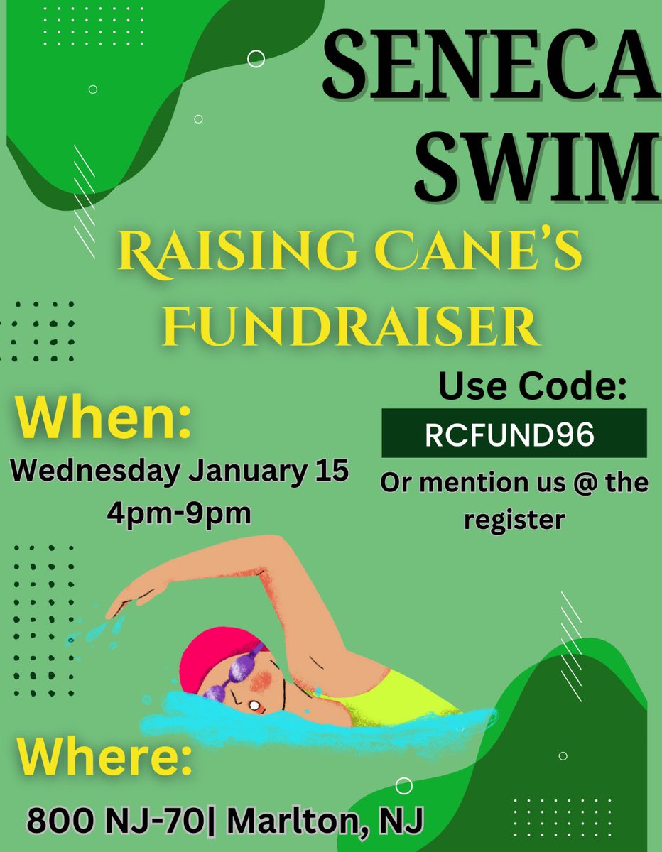 SenecaGirlsSwim's tweet photo. Come out to Raising Cane’s Rt. 70 in Marlton on Wednesday, January 15th and help support Seneca Swim! 🏊🏻‍♀️ 🦅🍗 🩱🤿 https://t.co/FZi1LxNYqm