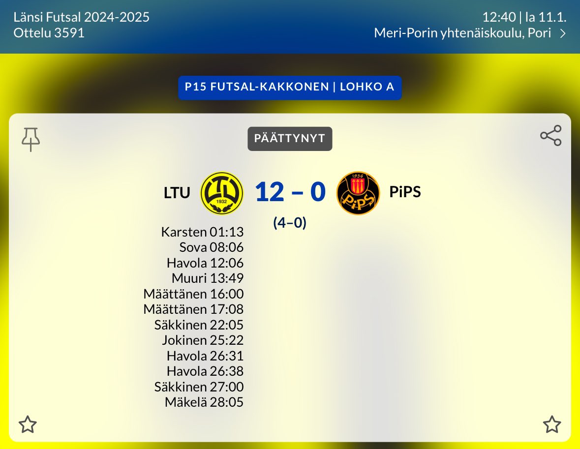P15 Futsal-Kakkonen:

PTU/MäKi YJ - LTU 5-2 (4-1)

tulospalvelu.palloliitto.fi/match/3714492/…

LTU - PiPS 12-0 (4-0)

Oskari Havola ⚽️⚽️⚽️🎩

tulospalvelu.palloliitto.fi/match/3714493/…