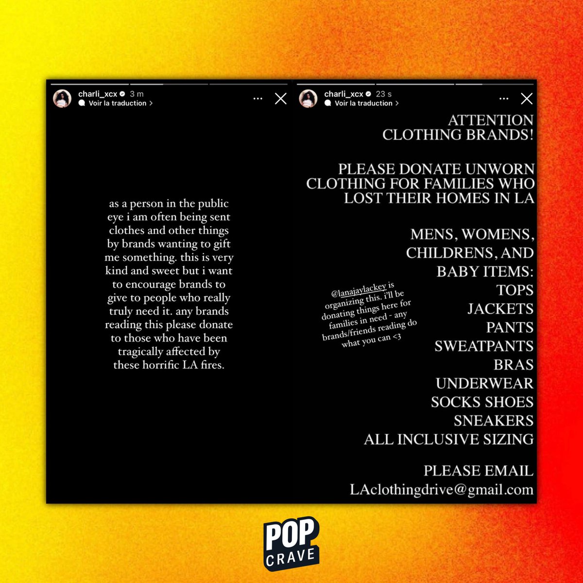 Charli xcx encourages brands to donate clothes to those affected by LA fires instead of gifting them to her.