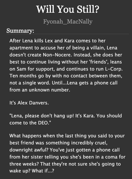 FyonahMacnally's tweet photo. New fic posted! 

Will You Still?
https://t.co/2ZPX4Eqenj

#supergirl #supercorp #fanfic #ao3 #macwrites https://t.co/hikfvYufiB