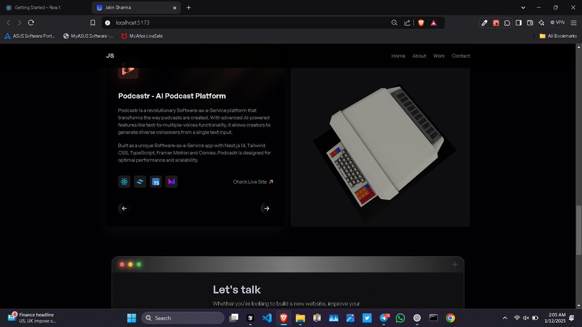 Nitaj333's tweet photo. π Day 8-10 of #AdvancedFrontend
π― Making a 3D Portfolio:
1οΈβ£ Contact sections β modern, interactive, and sleek!
2οΈβ£ used tailwind and three js object of an computer
3οΈβ£ used Framer Motion and gsap.
Took 3 days making it dmm.
#WebDev #30DaysOfCode #Connect https://t.co/bR0e9potgz