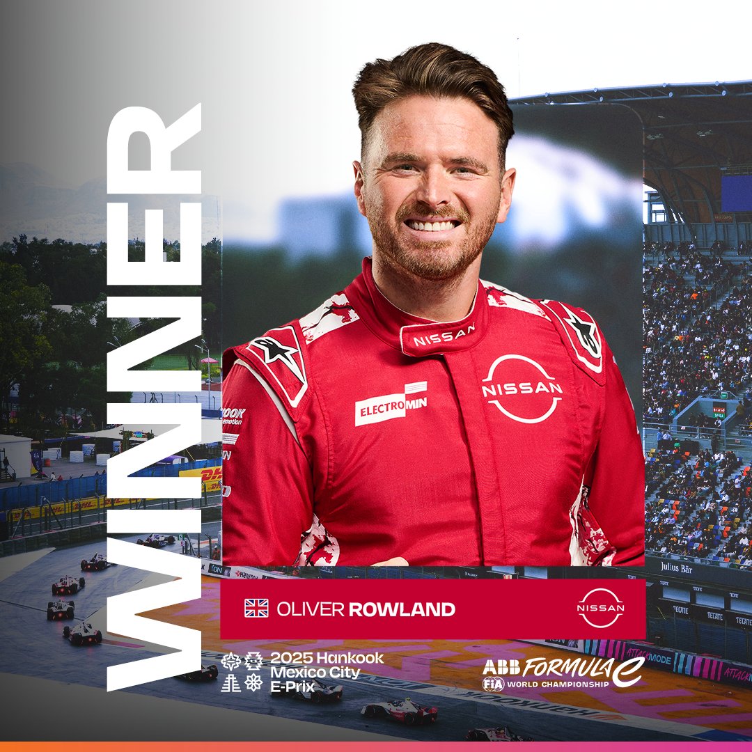 FIAFormulaE's tweet photo. Our first winner of 2025! 🏆

@OliverRowland1 takes the first victory of the year after a THRILLER in Mexico! 🇲🇽

@Hankook_Sport #MexicoCityEPrix https://t.co/PHfKHXUc2F