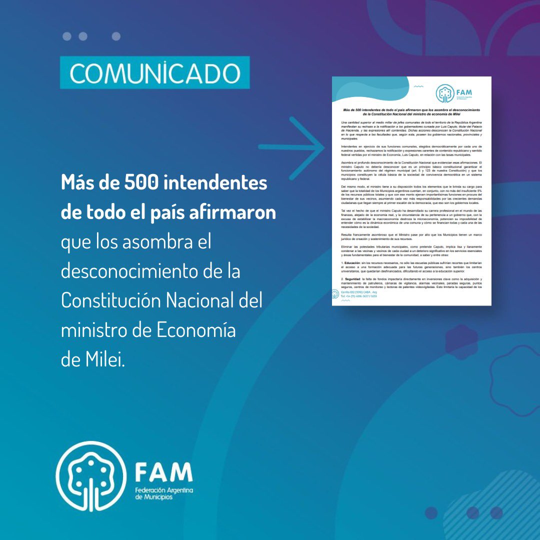 FAMdeArgentina's tweet photo. Más de 500 intendentes de todo el país afirmaron que los asombra el desconocimiento de la Constitución Nacional del ministro de Economía de Milei. 

Lee el comunicado completo en el 📲 https://t.co/cDDIY1V26s https://t.co/mCC3ulUgfh
