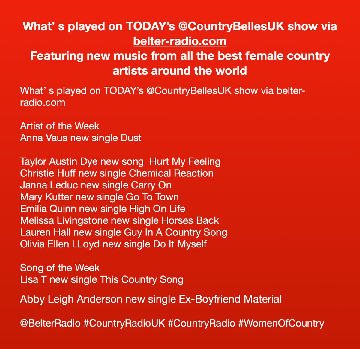 <a href="/CountryBellesUK/">Graham Barnes</a> <a href="/annavaus/">Anna Vaus</a> What’ s played on TODAY’s <a href="/CountryBellesUK/">Graham Barnes</a> show via belter-radio.com
Featuring new music from the best female artists

<a href="/annavaus/">Anna Vaus</a> <a href="/tayloraustindye/">Taylor Austin Dye</a> <a href="/HuffChristie/">Christie Huff</a> #JannaLeduc <a href="/mary_kutter/">Mary Kutter</a> @EmiliaQMusic <a href="/missmelismusic/">Melissa Livingstone</a> <a href="/musiclaurenhall/">Lauren Hall</a> <a href="/ollie_via/">olivia ellen</a> <a href="/LisaTOfficial01/">Lisa T</a>