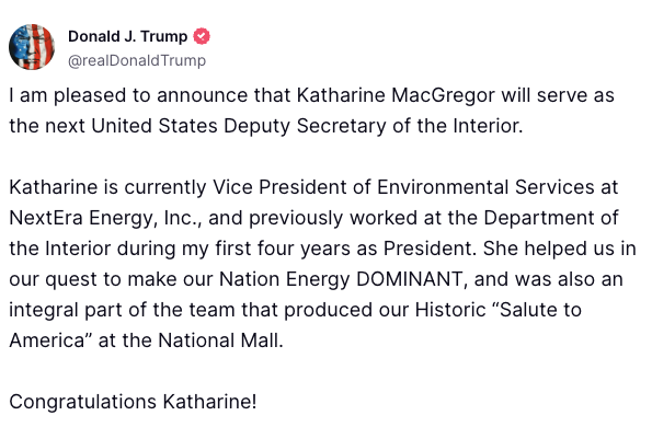 What an outstanding choice by President <a href="/realDonaldTrump/">Donald J. Trump</a>! <a href="/kmac7210/">Katharine MacGregor</a> is one the most effective and hardworking leaders I’ve had the privilege to work with. Her deep knowledge of Interior’s mission, unmatched work ethic, and dedication to America’s energy and public lands made a